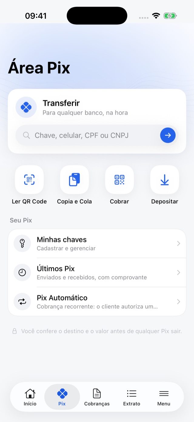 Área Pix do app: transferir, ler QR Code, copia e cola, cobrar e depositar